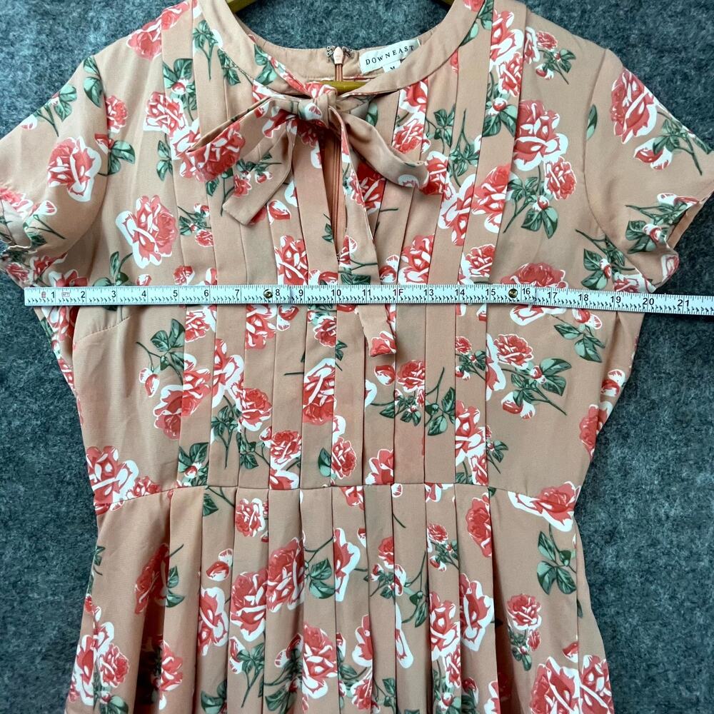 Downeast Dress Women Med Peach Floral Neck Tie Feminine Girly‎ Retro Rockabilly - Picture 5 of 6